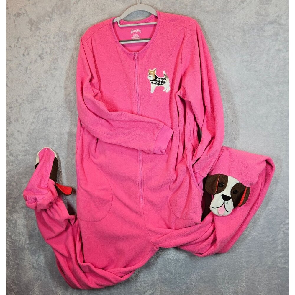 Nick & Nora Pink Dog Fleece Dog on Feet One Piece Pajamas Womens L Warm pockets